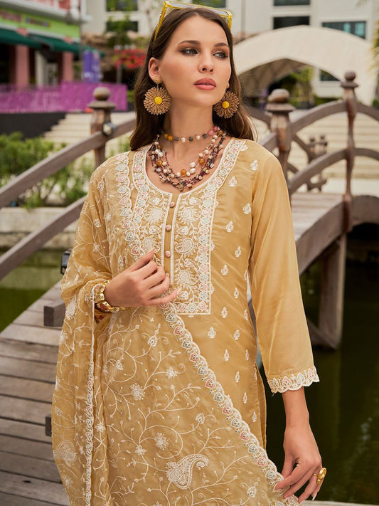 Dhiyona IE Floral Embroidered Round Neck Thread Work Organza Kurta With Trousers & Dupatta