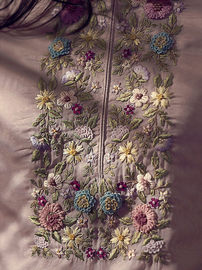 Floral Embroidered Thread Work Kurta With Trousers & Dupatta