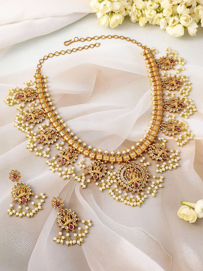 Dhiyona RJ Women's 24K Gold-Plated Lakshmi Temple Necklace Set with Ruby Stones & Pearl Detailing