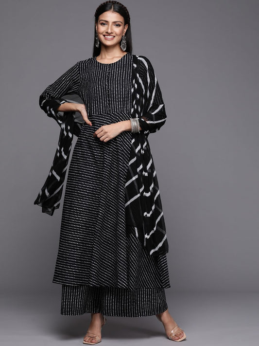 Dhiyona VA Women's Black Printed Pure Cotton Kurta with Palazzos & Dupatta
