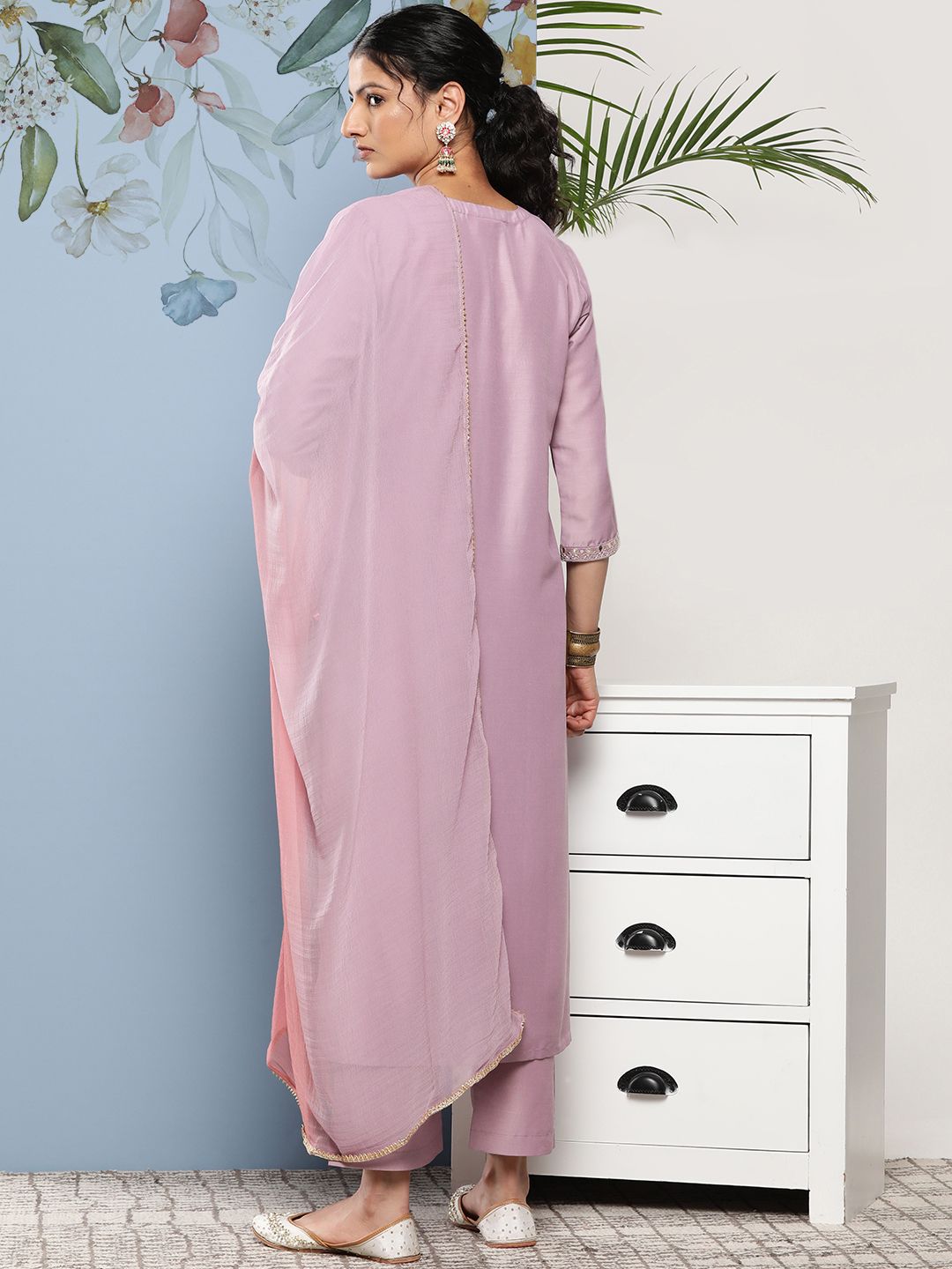 Dhiyona VA Women's Floral Embroidered Sequinned Kurta With Trousers & Dupatta