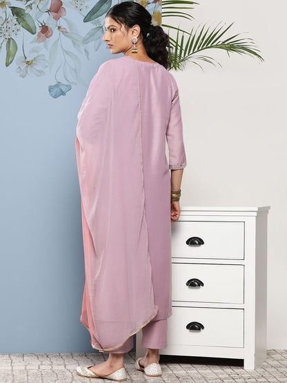 Dhiyona VA Women's Floral Embroidered Sequinned Kurta With Trousers & Dupatta