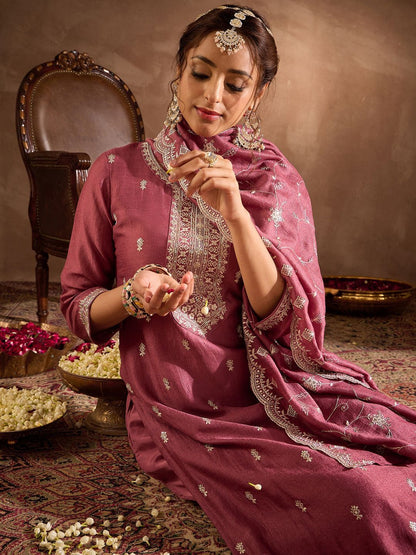 Floral Embroidered V-Neck Thread Work Straight Kurta With Trousers & Dupatta