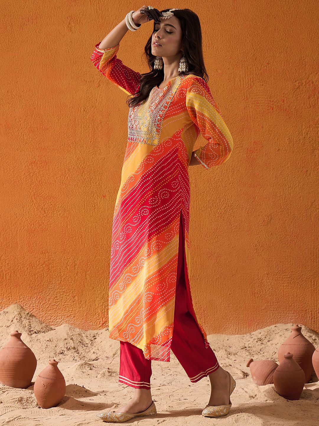 Dhiyona IE Red Bandhani Printed Thread Work Georgette Straight Kurta