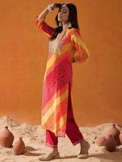 Dhiyona IE Red Bandhani Printed Thread Work Georgette Straight Kurta