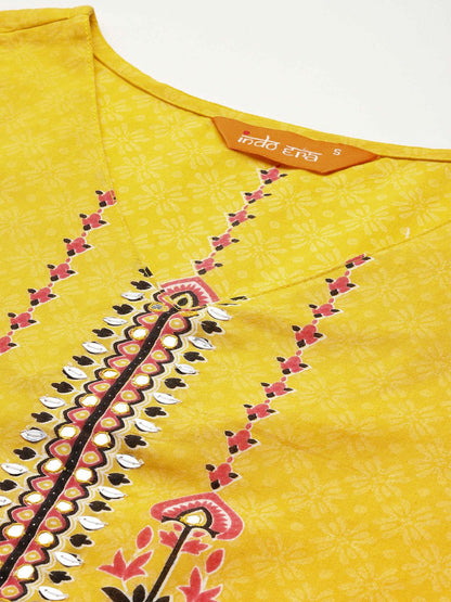 Dhiyona IE Ethnic Motifs Printed Mirror Work Pure Cotton Kurta with Trousers & With Dupatta