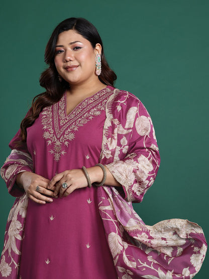 Plus Size Floral Zari Embroidered Kurta with Salwar & With Dupatta