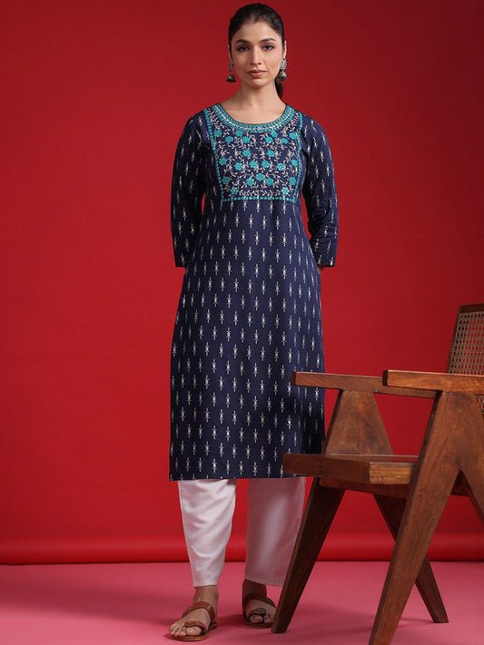 Dhiyona IE Ethnic Motifs Round Neck Regular Mirror Work Straight Kurta Kurta