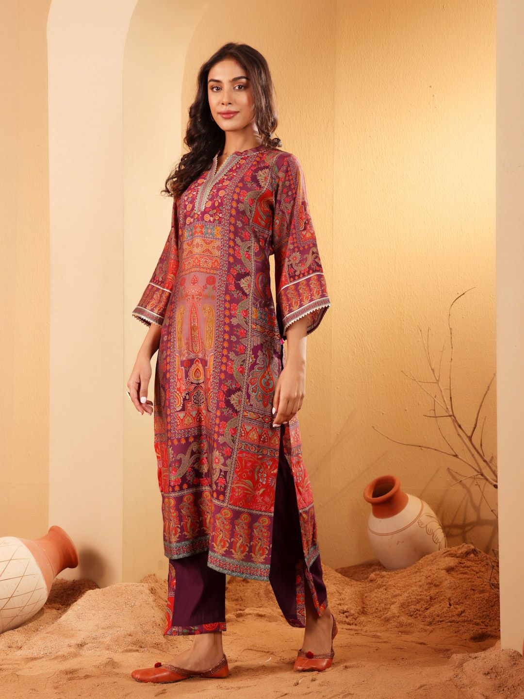 Dhiyona VA Women'sEthnic Motifs Printed Gotta Patti Chanderi Silk Kurta With Trousers