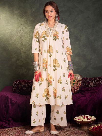 Dhiyona IE Floral Printed Pure Cotton V-Neck A-Line Kurta With Palazzos