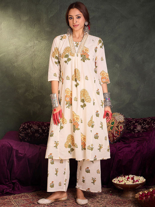 Dhiyona IE Floral Printed Pure Cotton V-Neck A-Line Kurta With Palazzos