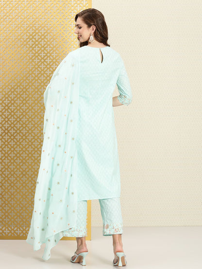 Dhiyona PD Women Women Jashn Floral Embroidered Pure Cotton Kurta & Trousers with Dupatta
