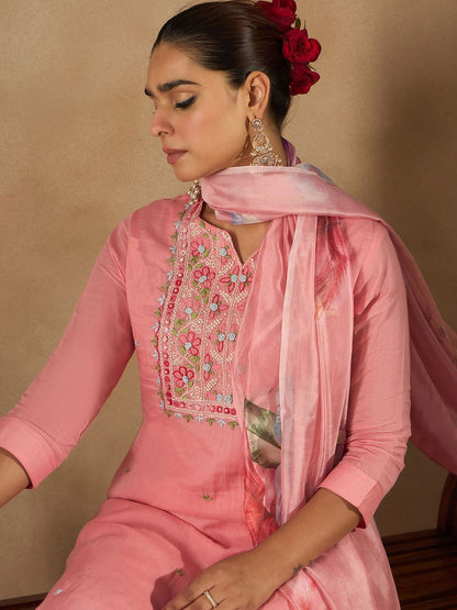 Dhiyona IE Women Floral Embroidered Thread Work Pure Cotton Kurta with Trousers & Dupatta