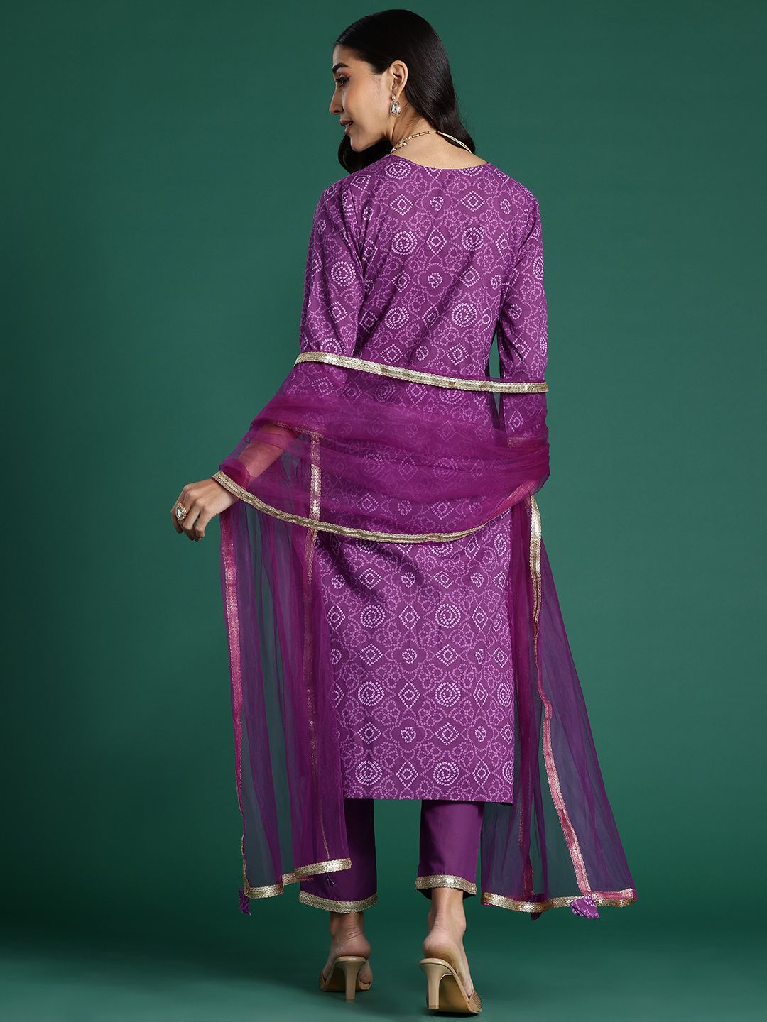 Bandhani Printed Sequinned Pure Cotton Kurta With Trousers & Dupatta