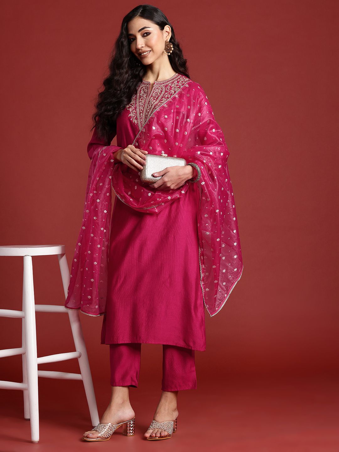 Dhiyona IE Women Ethnic Motifs Embroidered Regular Sequinned Liva Kurta with Trousers & With Dupatta