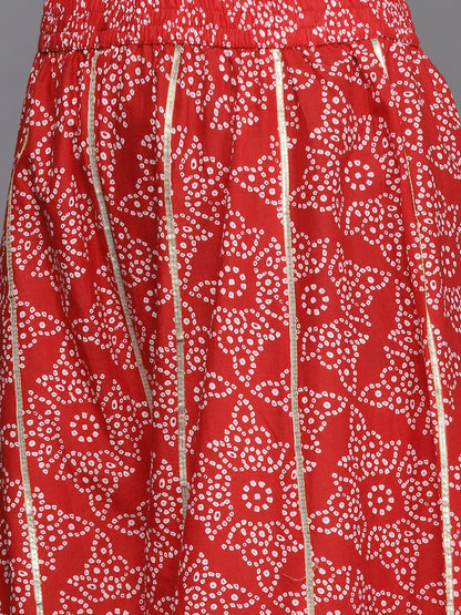 Dhiyona VA Women's Red & White Bandhani Printed Anarkali Kurta with Sharara & With Dupatta