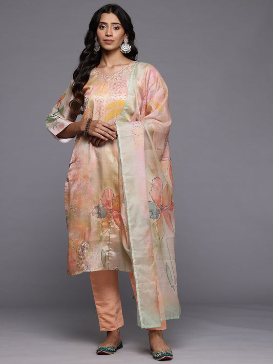 Dhiyona VA Women'sFloral Printed Regular Beads and Stones Kurta with Trousers & With Dupatta