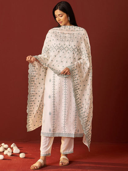 Dhiyona IE Women Floral Yoke Design Kurta with Trousers & Dupatta