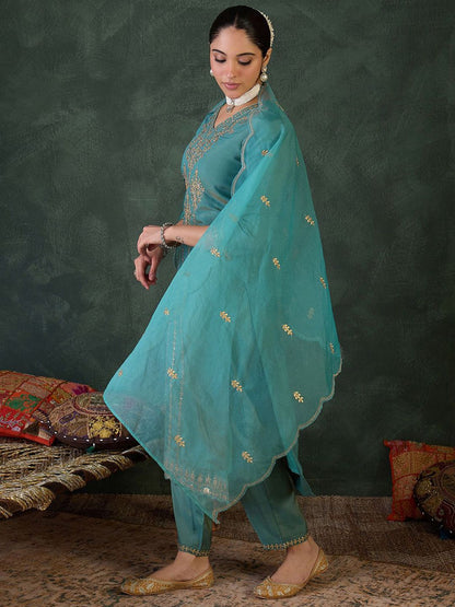 Dhiyona IE Women Ethnic Motifs Embroidered Regular Zari Kurta with Trousers & Dupatta