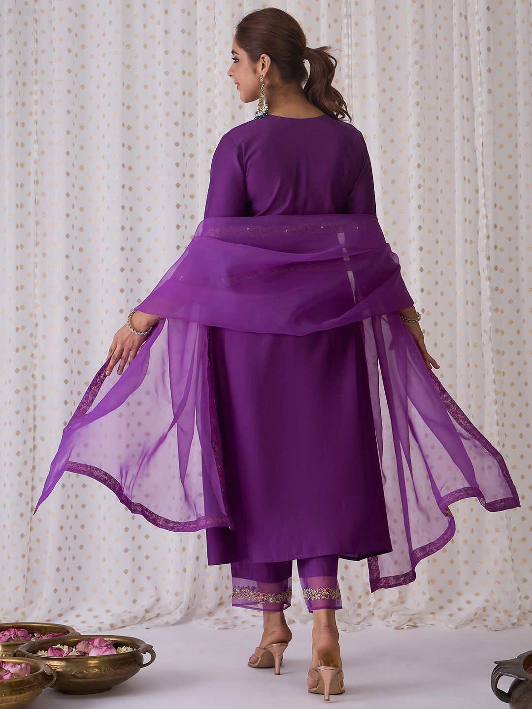 Dhiyona IE Floral Embroidered Pleated Zari Liva Anarkali Kurta With Trousers & Dupatta