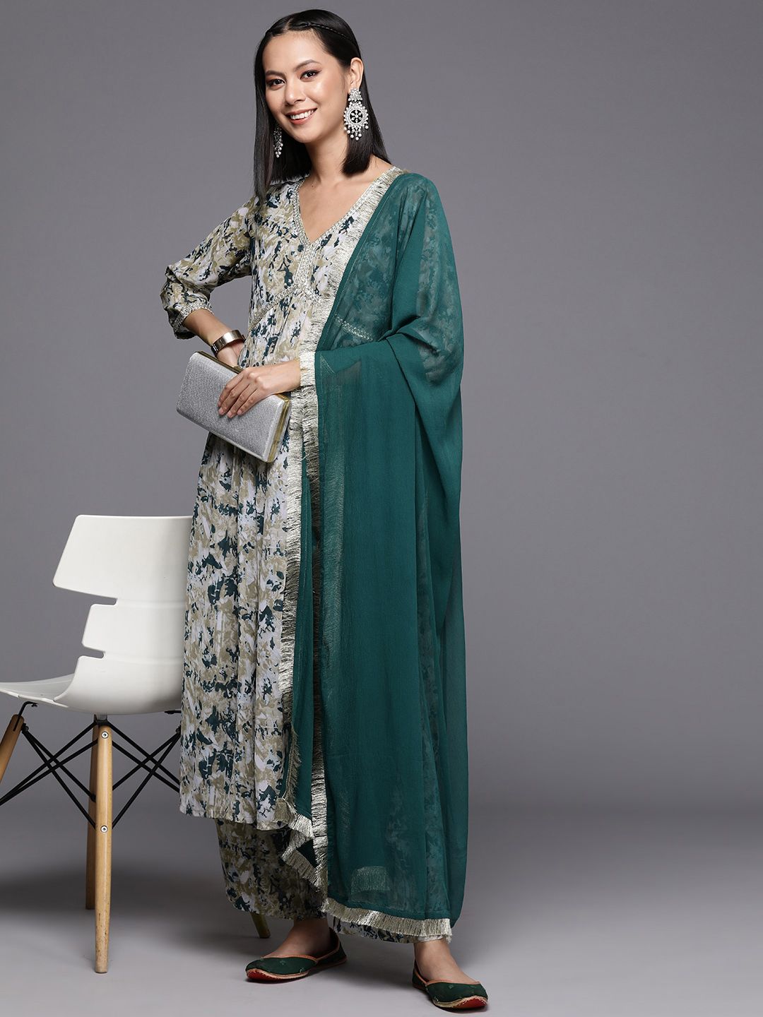 Dhiyona VA Women's Printed Pleated Silk Georgette Kurta with Trousers & Dupatta