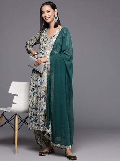 Dhiyona VA Women's Printed Pleated Silk Georgette Kurta with Trousers & Dupatta