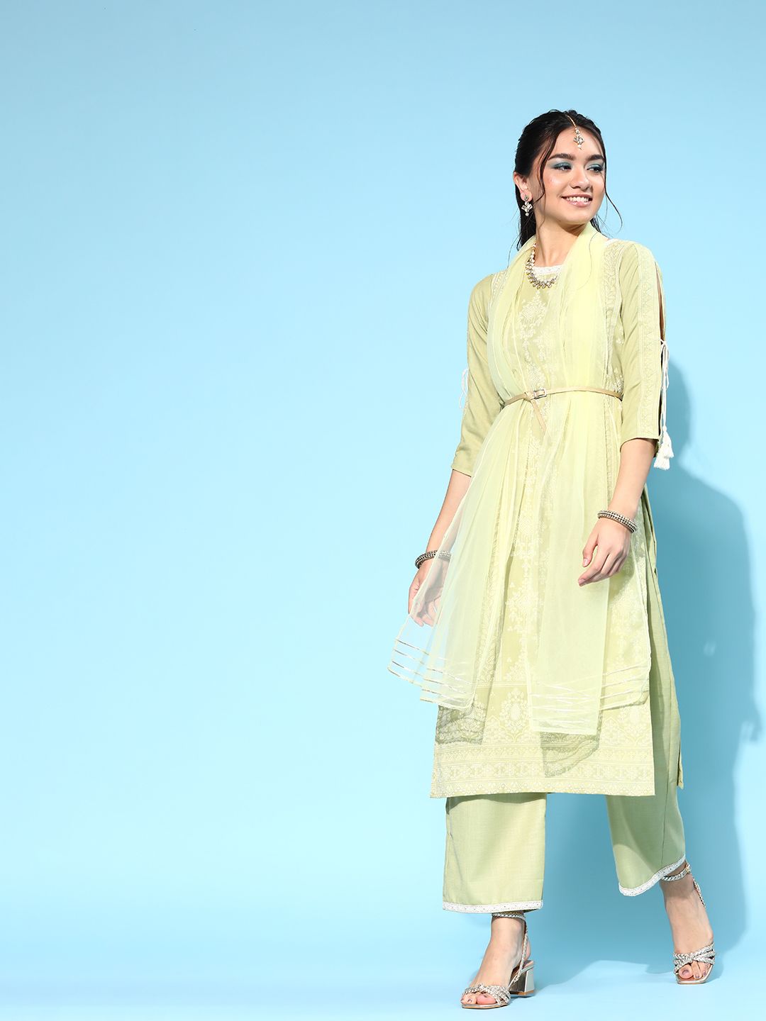 Dhiyona IE Women Sea Green Floral Printed Regular Liva Kurta with Sharara & With Dupatta