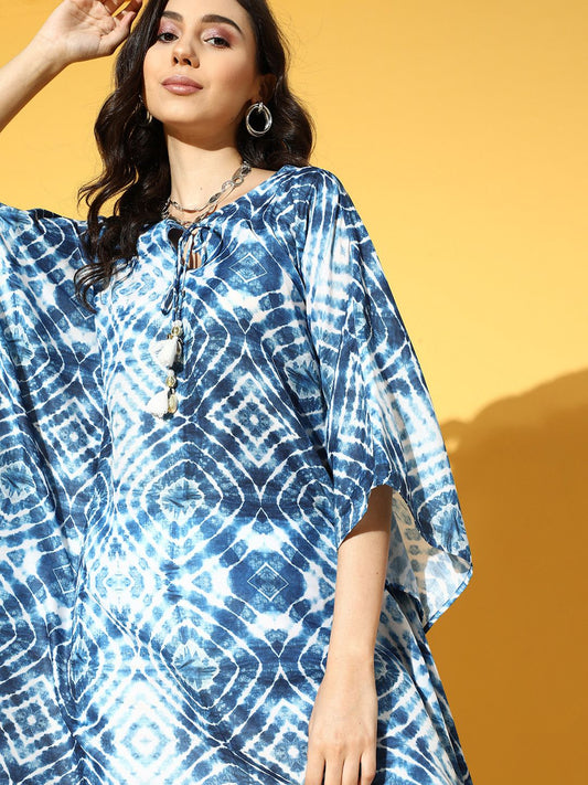 Dhiyona VA Women's Stunning Blue Printed Kaftan with Solid Trousers