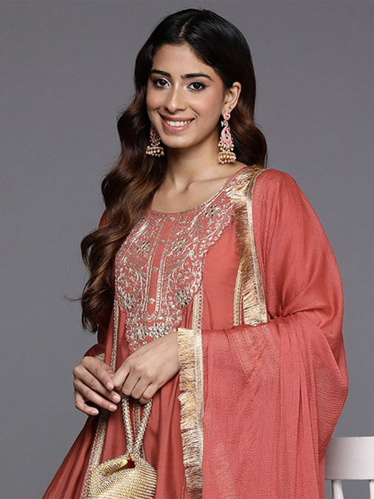 Dhiyona VA Women'sFloral Embroidered Panelled Sequinned Kurta with Trousers & Dupatta