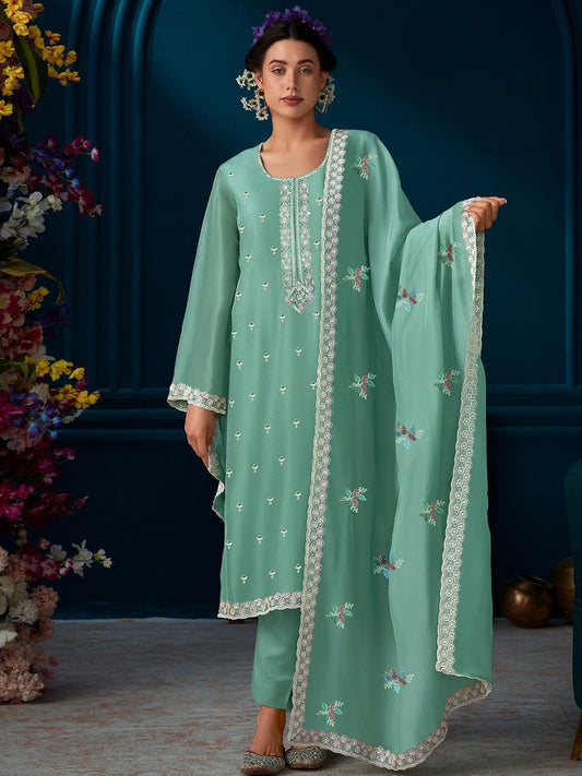 Ethnic Motifs Embroidered Straight Kurta With Trouser & Dupatta