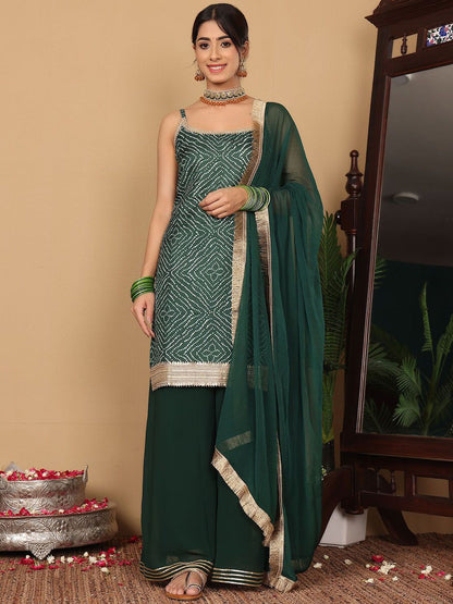 Dhiyona VA Women'sBandhani Printed Beads and Stones Pure Silk Straight Kurta With Palazzo & Dupatta