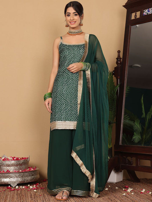 Dhiyona VA Women'sBandhani Printed Beads and Stones Pure Silk Straight Kurta With Palazzo & Dupatta
