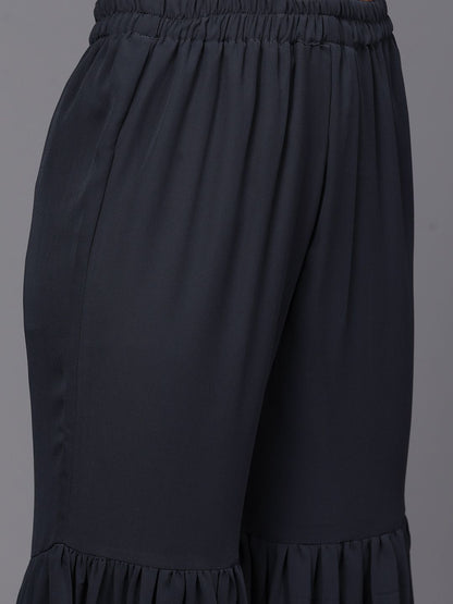 Women Navy Blue Printed Pleated Beads and Stones Kurta with Sharara