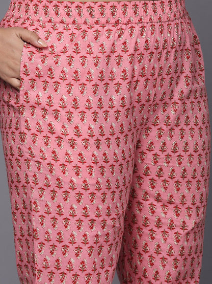 Dhiyona VA Women's Pink Floral Printed Gotta Patti Pure Cotton Kurta with Trousers & Dupatta