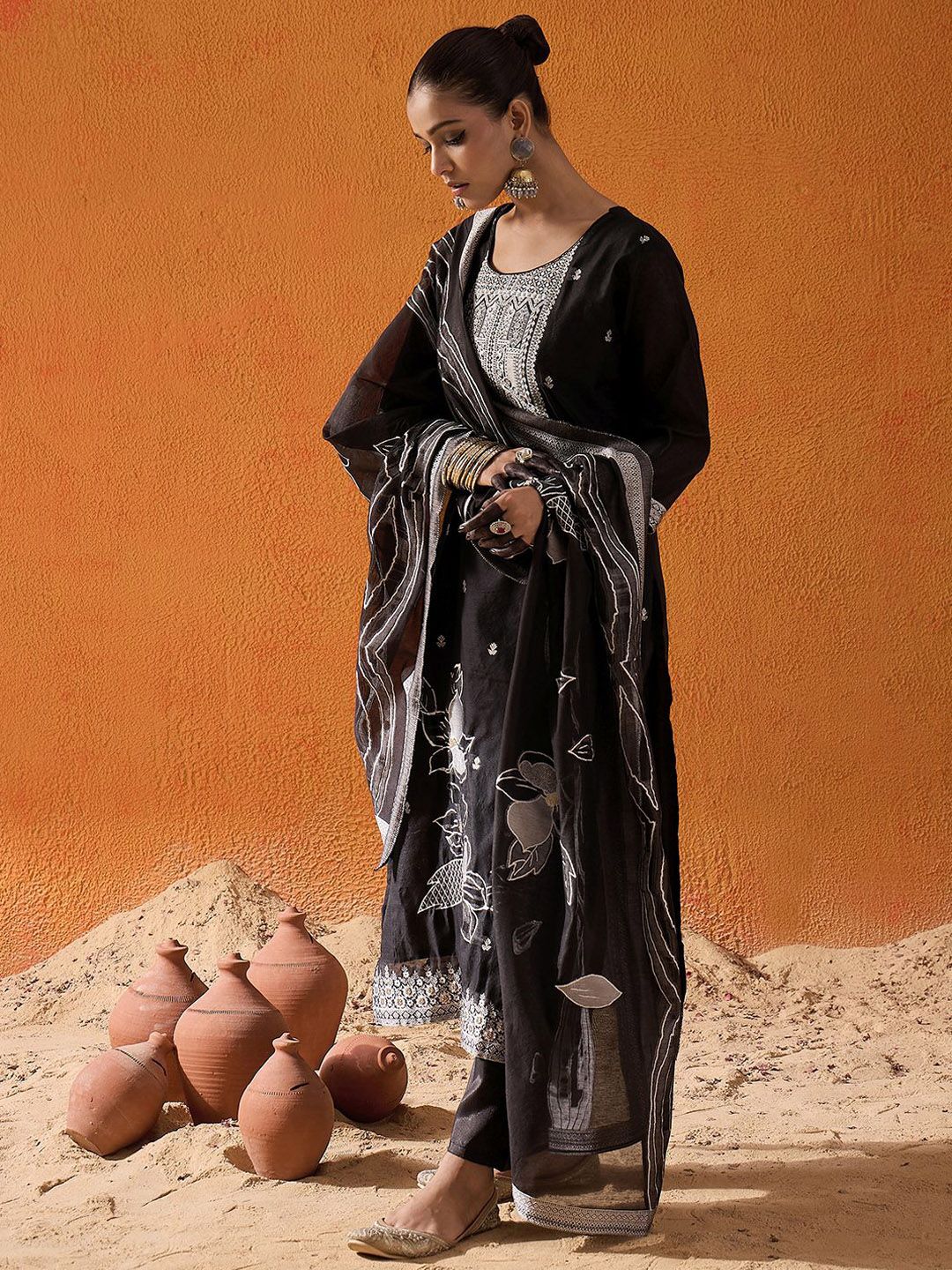 Floral Woven Design Thread Work Straight Kurta With Trousers & Dupatta