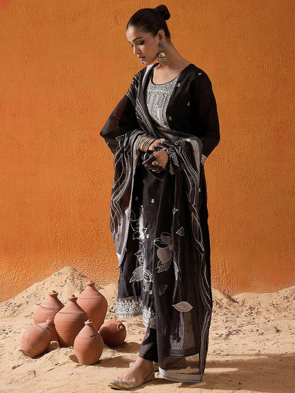 Floral Woven Design Thread Work Straight Kurta With Trousers & Dupatta