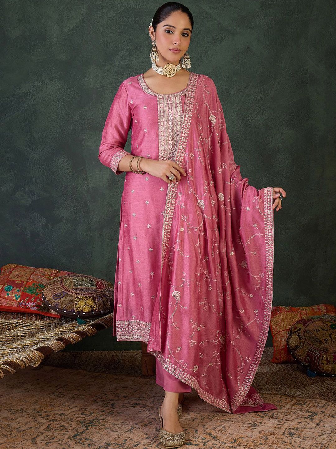 Women Ethnic Motifs Embroidered Regular Sequinned Kurta with Trousers & Dupatta