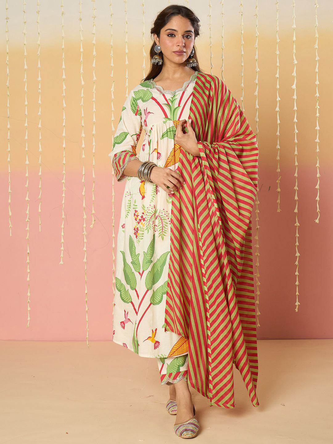 Floral Printed Empire Screen Technique Pure Cotton A-Line With Trousers & Dupatta