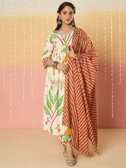Floral Printed Empire Screen Technique Pure Cotton A-Line With Trousers & Dupatta