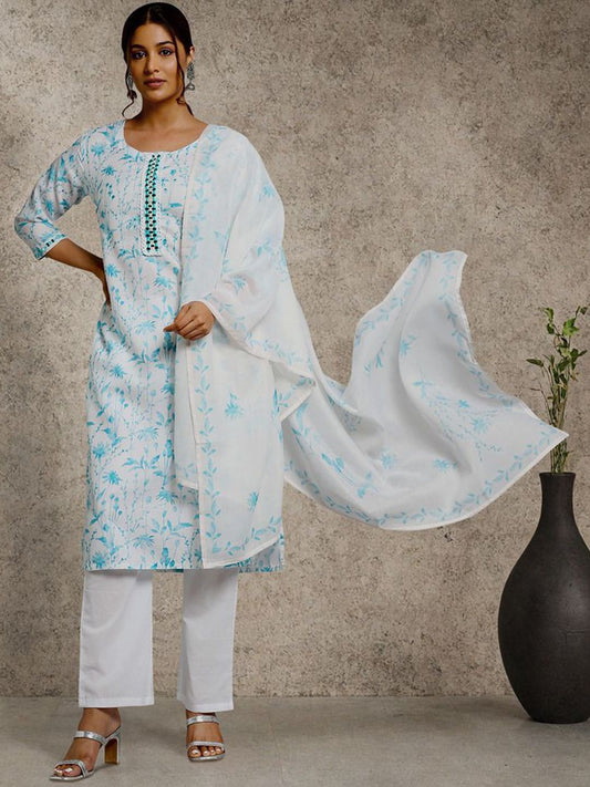 Dhiyona OD  Floral Printed Sequinned Linen Kurta with Trousers & Dupatta
