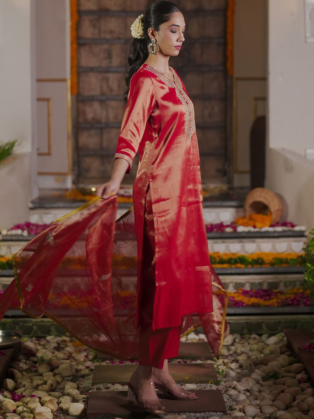 Women Ethnic Motifs Embroidered Sequinned Liva Kurta with Trousers & With Dupatta