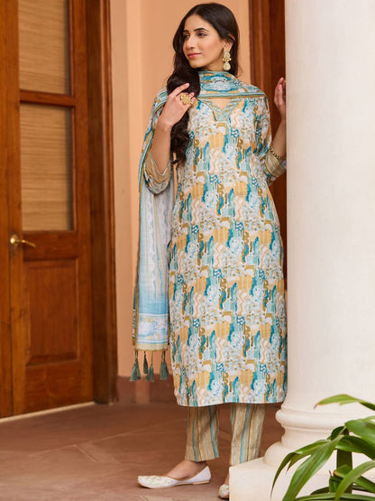 Dhiyona WP Abstract Printed V-Neck Beads & Stones Straight Kurta With Trousers & Dupatta