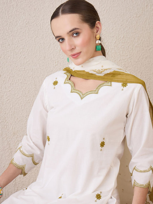 Dhiyona IE Floral Embroidered Sequinned Pure Cotton Straight Kurta With Trousers & Dupatta