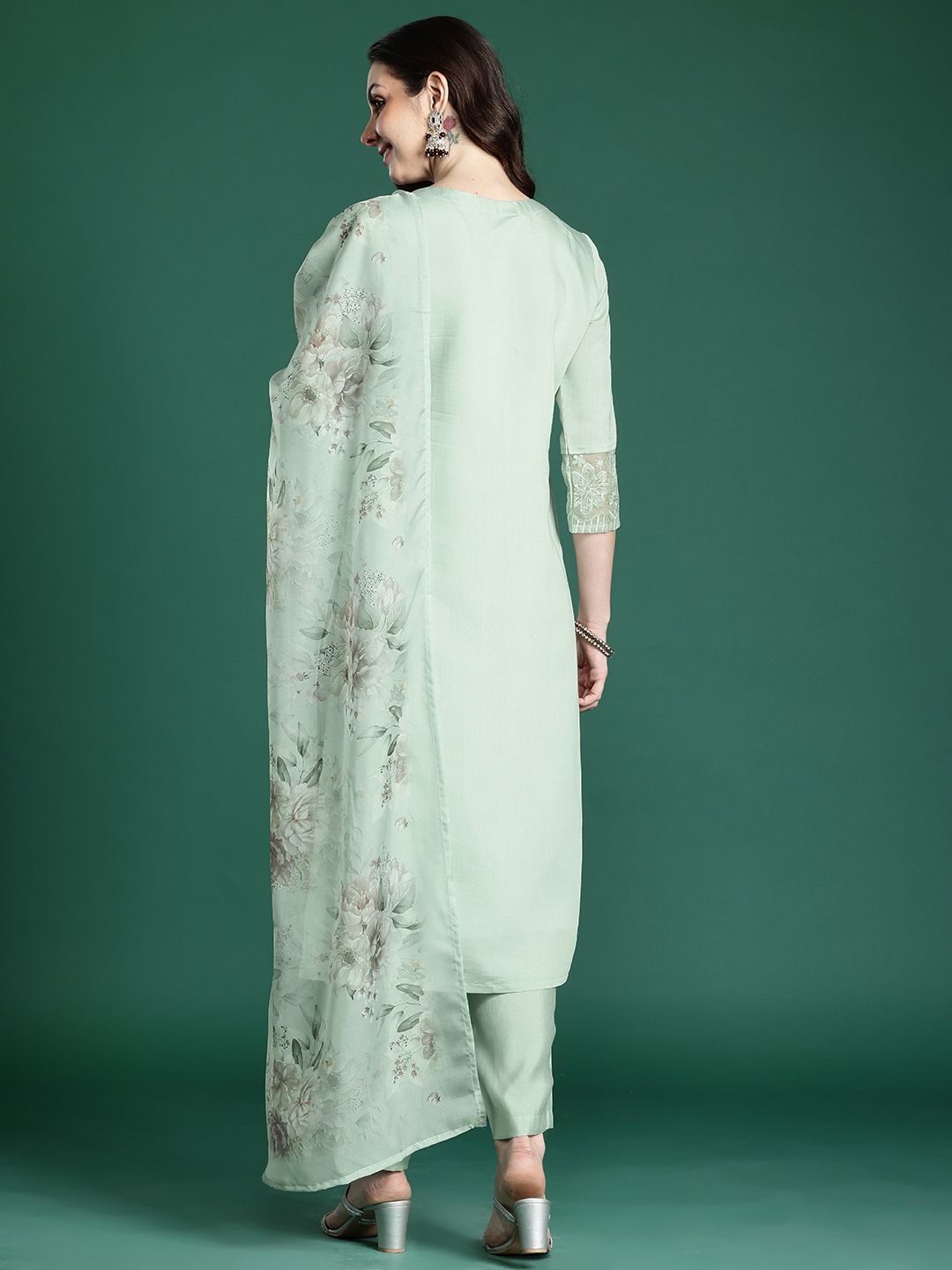 Floral Embroidered Kurta with Trousers & Dupatta