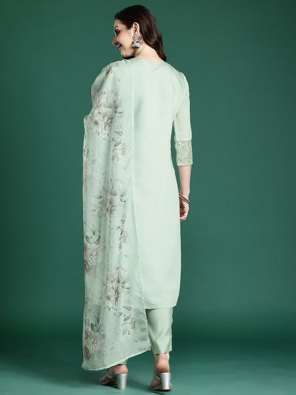 Floral Embroidered Kurta with Trousers & Dupatta
