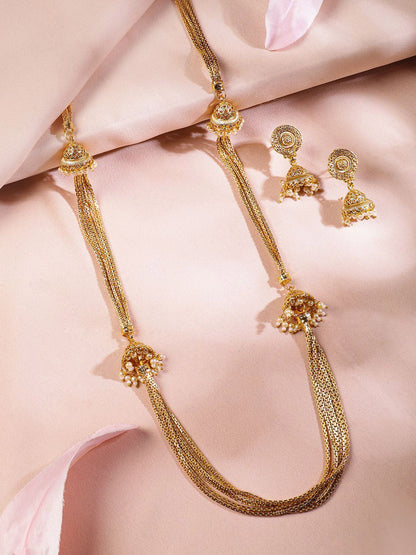 Dhiyona RJ Women's 22K Gold-Plated Multi-Strand Traditional Necklace Set with Jhumka Accents