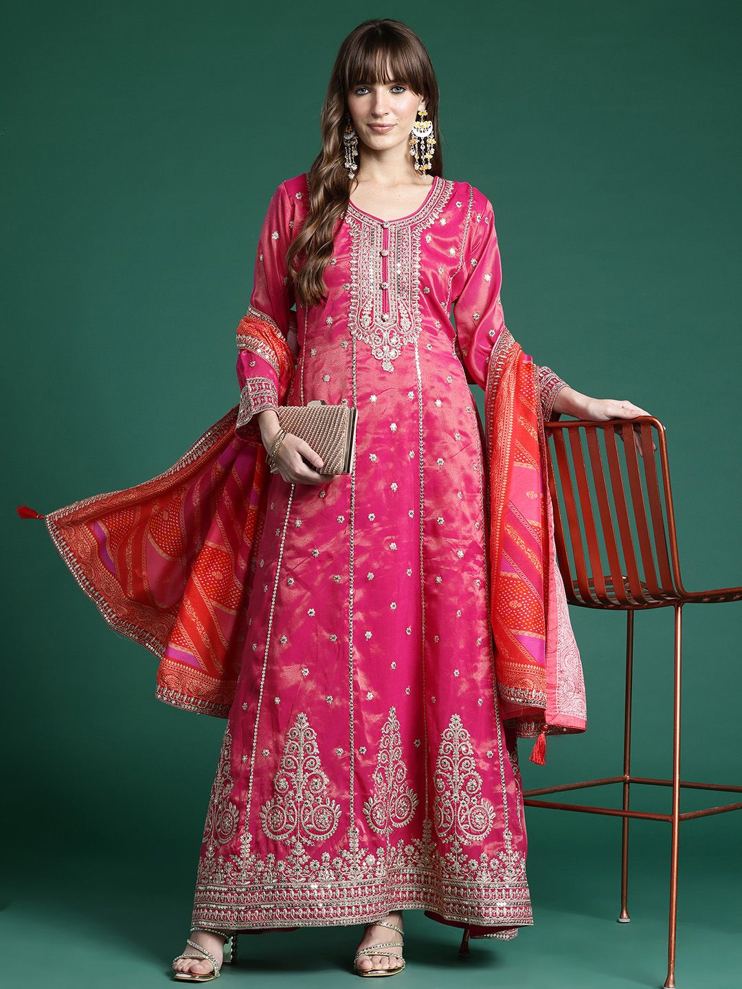 Dhiyona IE Ethnic Motifs Embroidered Regular Sequinned Kurta with Trousers & Dupatta