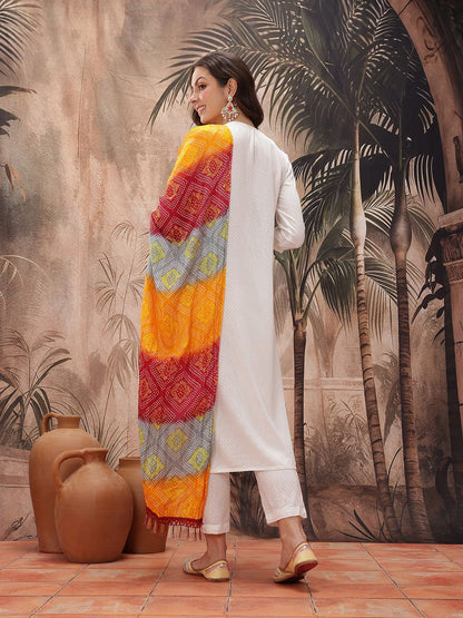 Dhiyona SN Women's Yoke Design Mirror Work Embroidered Kurta With Trousers & Bandhani Print Dupatta
