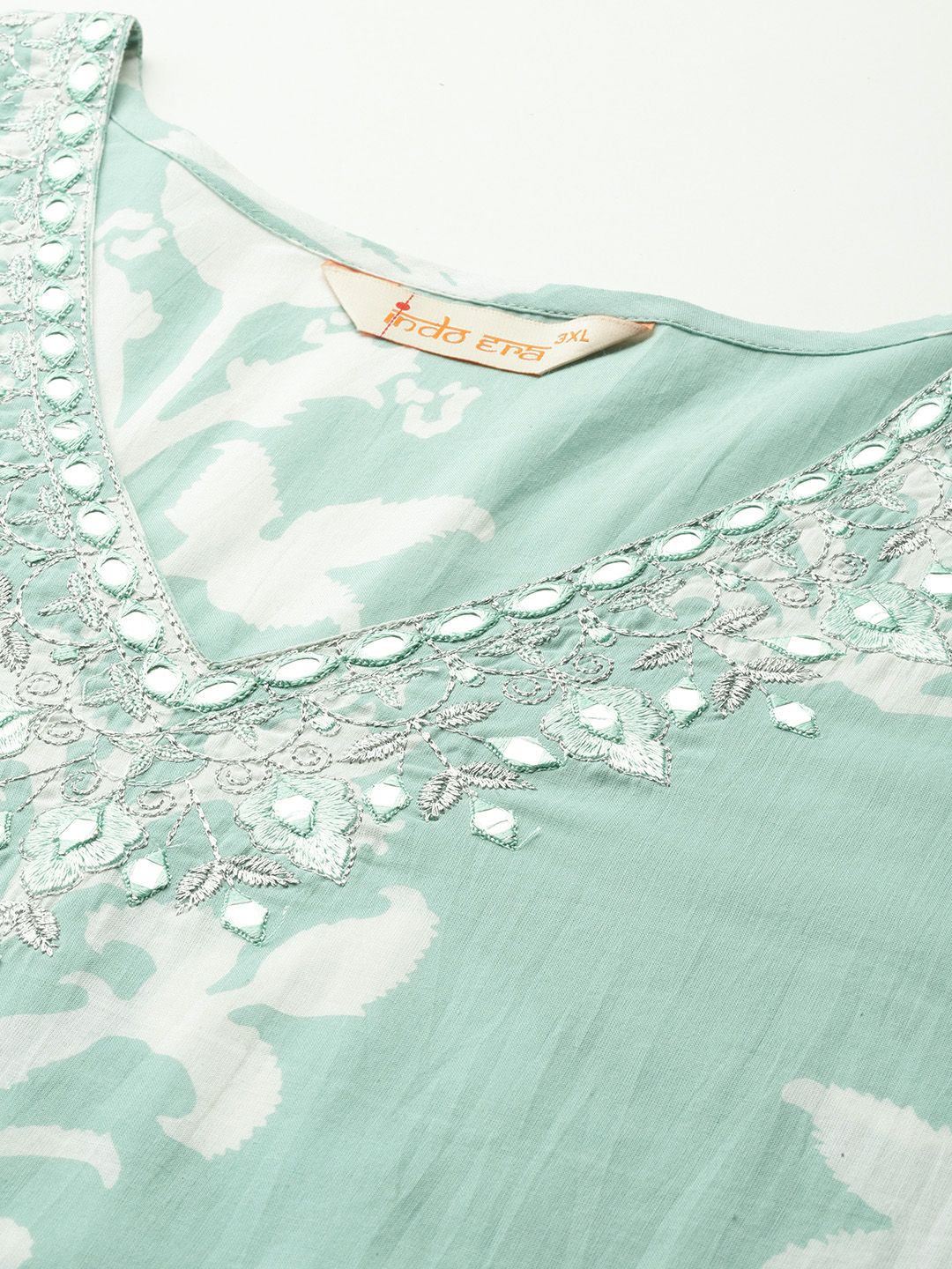 Plus Size Floral Embroidered Mirror Work Pure Cotton Kurta Set