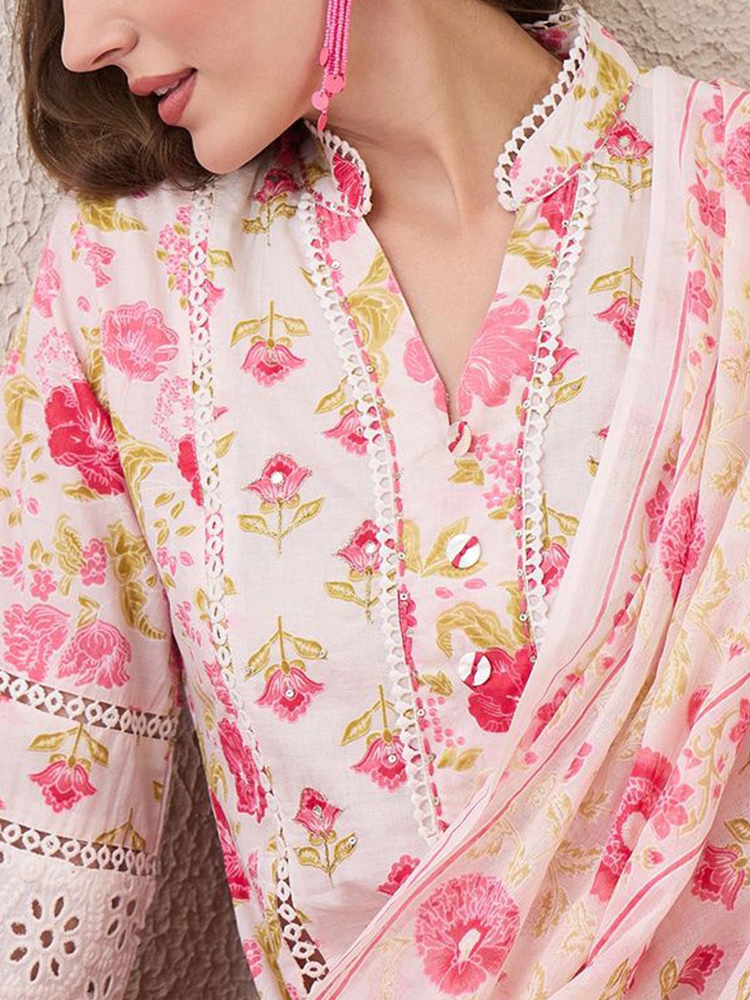 Floral Embroidered Mandarin Collar Pure Cotton Kurta With Trousers & Dupatta